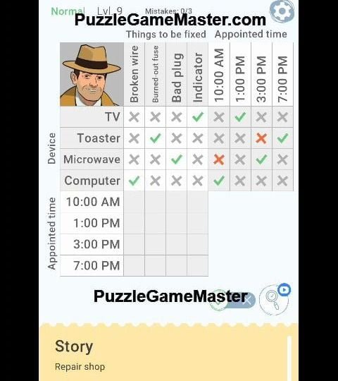 Cross Logic Normal Level 9 Answer [Repair shop] » Puzzle Game Master